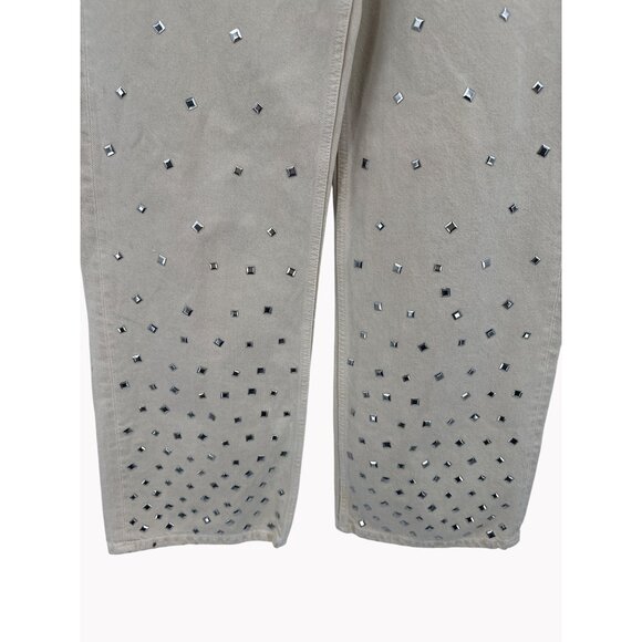 Zara Womens Size 6 Studdeded Wide Leg Jeans Beige Mid Rise Waist 30 Denim - Picture 2 of 8